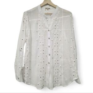 Womens Embroidered Crinkle White Blouse Button Up Gauze Sheer Flower Size Large